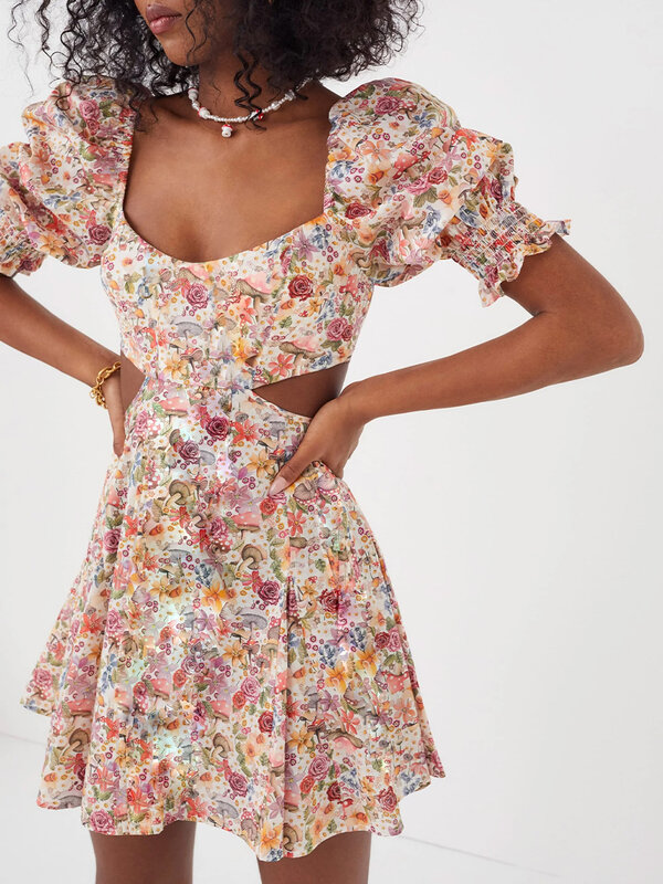 CHQCDarlys-Mini vestido boho floral casual feminino, manga curta inchada, gola quadrada, sem encosto, recortado vestido curto de praia, verão