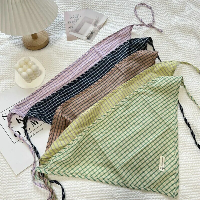 Écharpe triangulaire à carreaux coréens pour femmes, coton et lin, mode polyvalente, petite écharpe décorative mignonne, printemps 2024