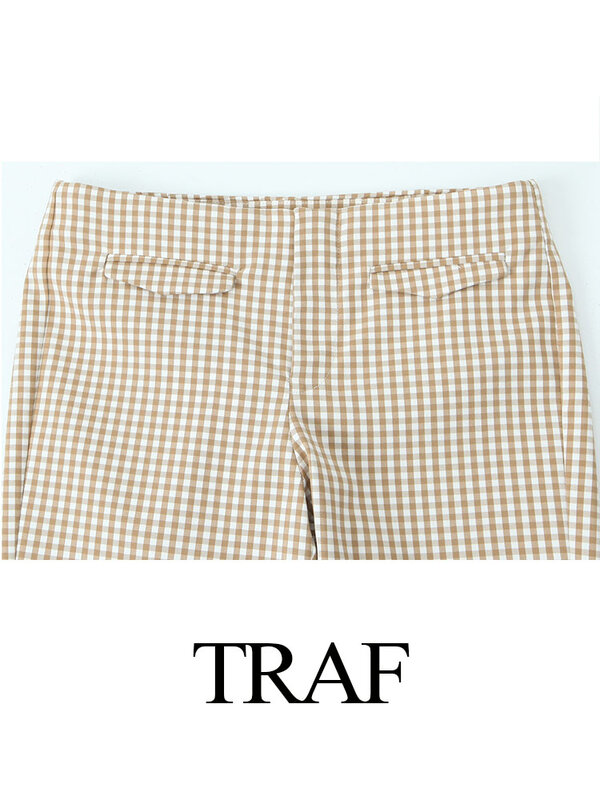 TRAF 여성용 체크 무늬 턴다운 칼라 민소매 세트, 백리스 레이스업 크롭탑 + 미드 웨이스트 포켓 무릎 길이 바지, 세련된 여름 패션
