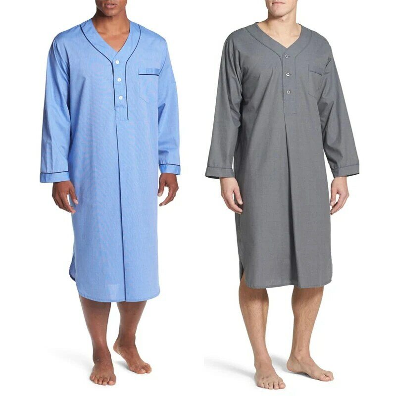 Muslim Men's Robes Spring Loose Stand Collar Long Sleeve Shirts Saudi Arab Long Kaftan Thobe Cotton Comfortable Pajamas