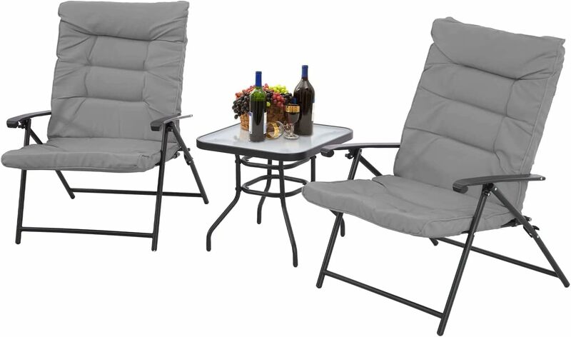 Juego de sillas plegables de 3 piezas, muebles de exterior, Bistro reclinable ajustable con cojines grises clásicos, marco de acero y mesa de centro
