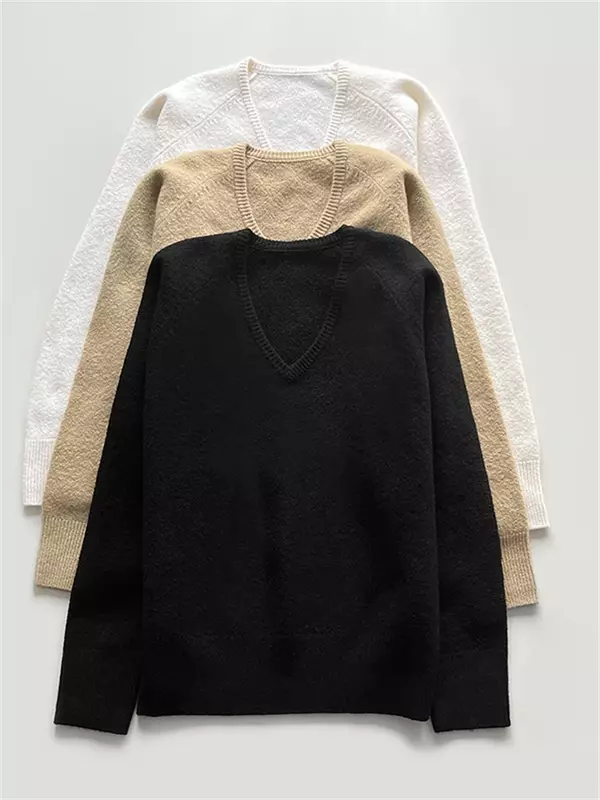 Sweter damski jednolity kolor z dekoltem w szpic na co dzień luźny sweter z dzianiny z wczesnej jesieni