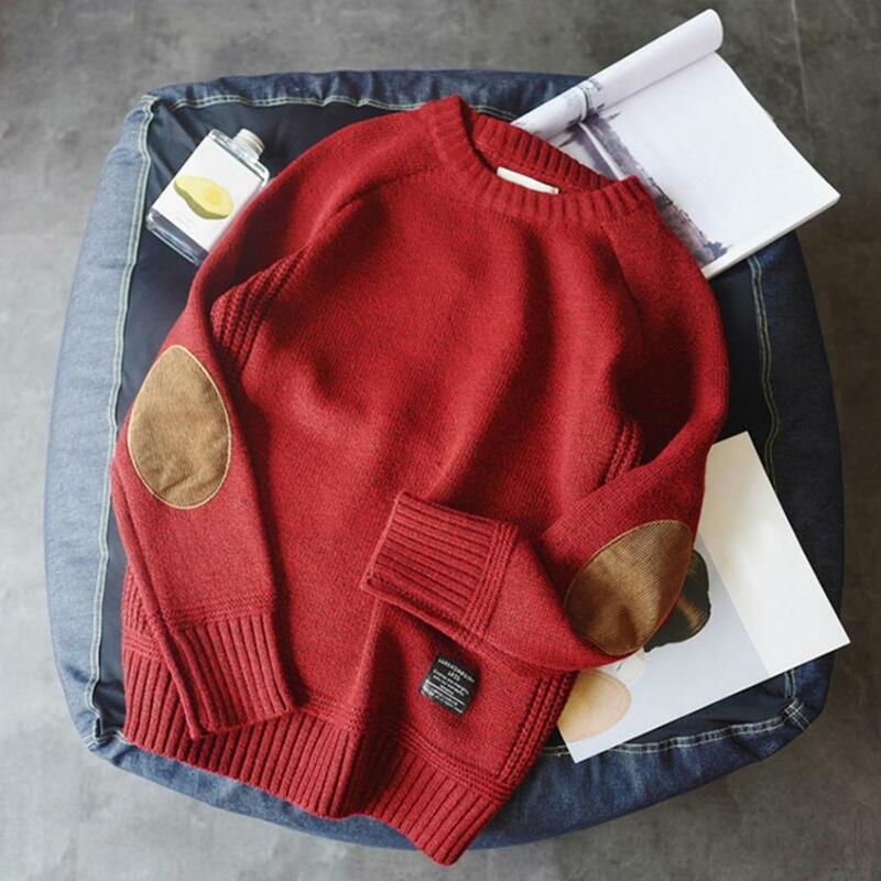 Men Winter Sweater Patchwork Contrast Colors Long Sleeves O Neck Thick Keep Warm Pullover Casual Spring Sweater for School