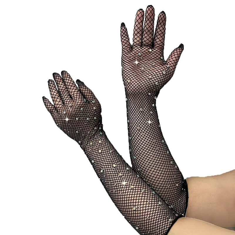 1pair Black Sexy Elastic Rhinestones Full Finger Gloves Women Shining FlashThin Mesh Punk Nightclub Stage Performance Long Glove