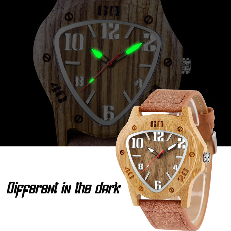 Мужские деревянные кварцевые наручные часы, модные коричневые часы с треугольным циферблатом и ремешком из дерева для мужчин, коричневый браслет