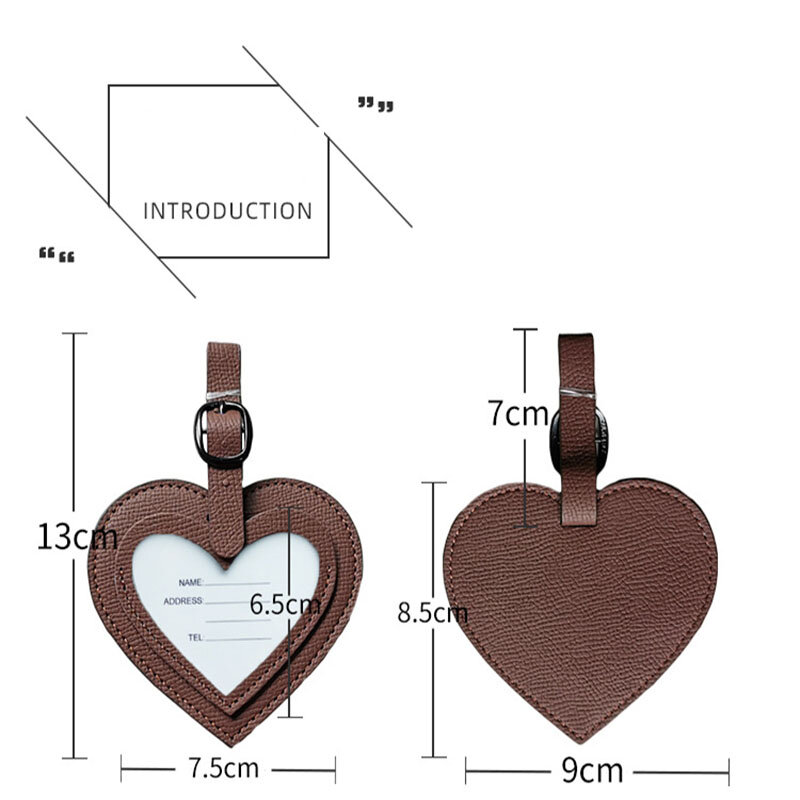 ป้ายป้ายกระเป๋าขึ้นเครื่องทำจากหนังรูปหัวใจทำจาก PU อุปกรณ์เสริมสำหรับกระเป๋าเดินทางที่ใส่บัตรประจำตัวป้ายชื่อกระเป๋าเดินทางป้ายกำกับแบบพกพา