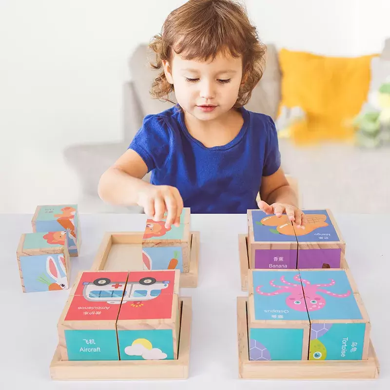 モンテッソーリ-子供向けの木製パズル,果物と動物のパズルを備えた3D教育玩具,6面