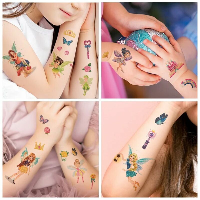Autocollants de tatouage temporaire arc-en-ciel, poudre scintillante, nickel é, fleurs, papillon, dessin animé, château, autocollants corporels