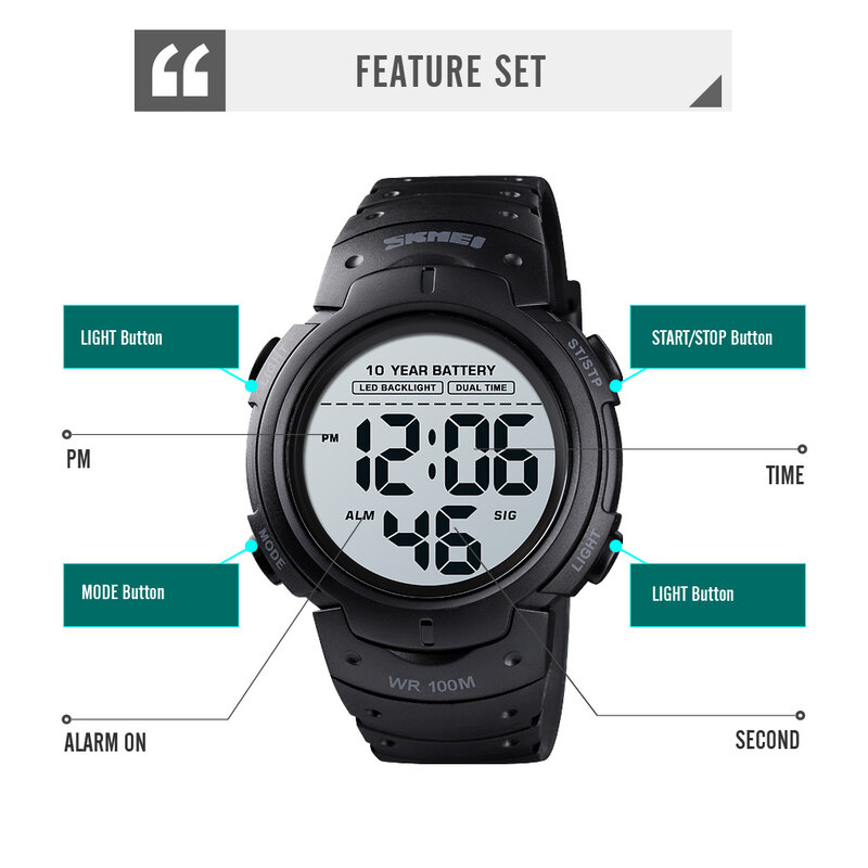 SKMEI-reloj deportivo para hombre, cronógrafo Digital con alarma y batería de 10 años, 1560 M, resistente al agua, 100