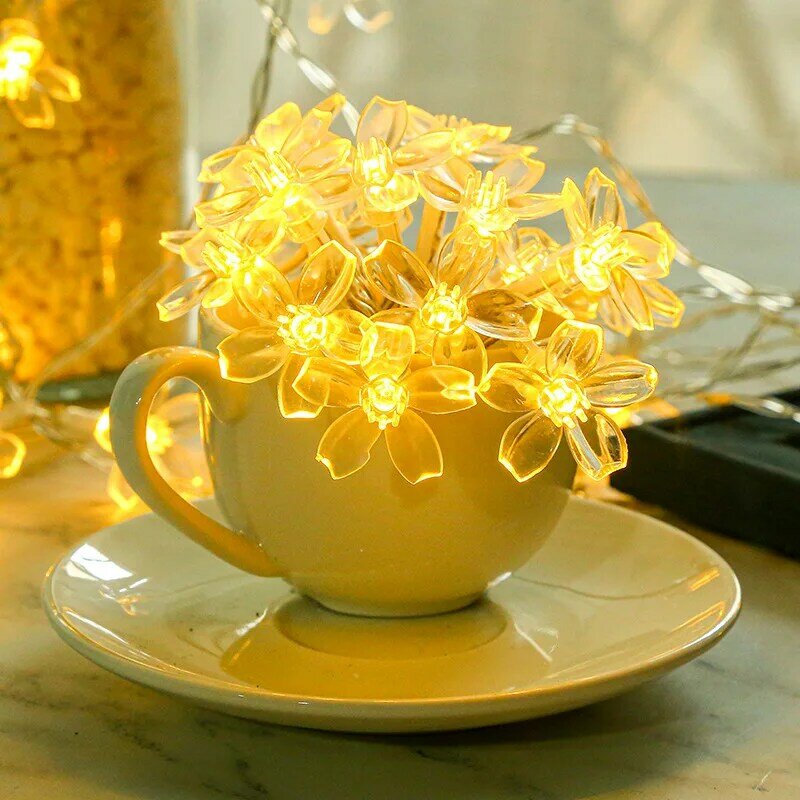 Guirnalda de flores de cerezo, lámpara con batería, luces LED de hadas, funciona con USB, flores de cristal, decoraciones para interiores, bodas y Navidad