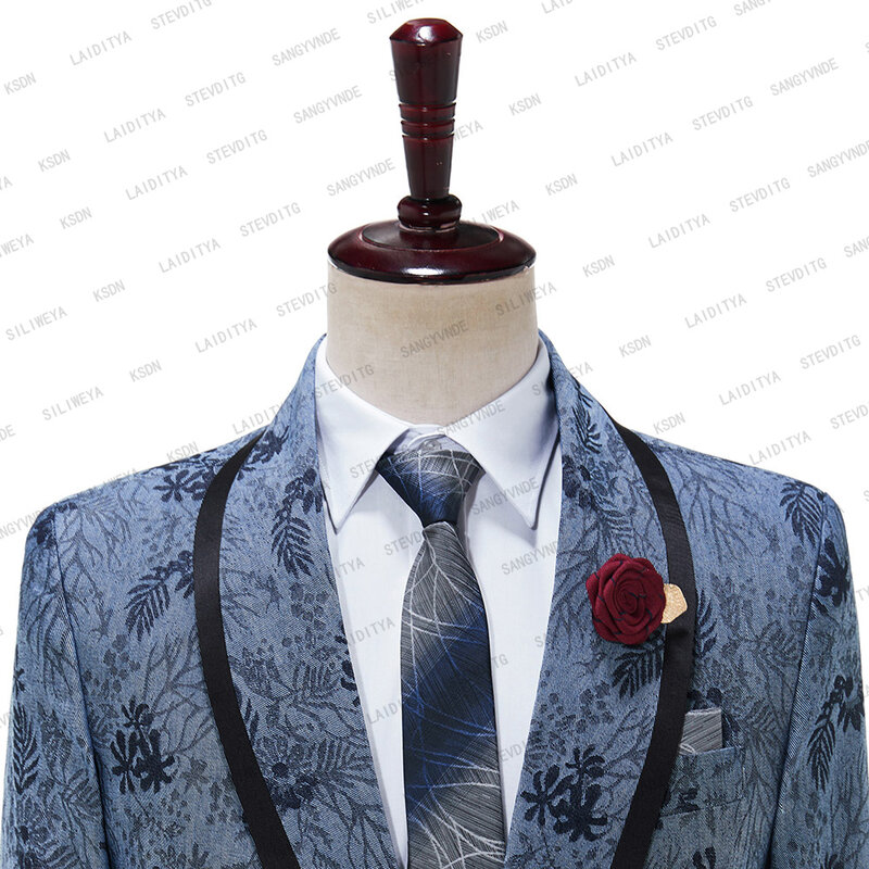 2023 New Tailor-Made Suits Men Blue Denim Jacquard Wedding Tuxedo With Velvet Shawl Lapel 2 Pieces Male Fashion Business Dress
