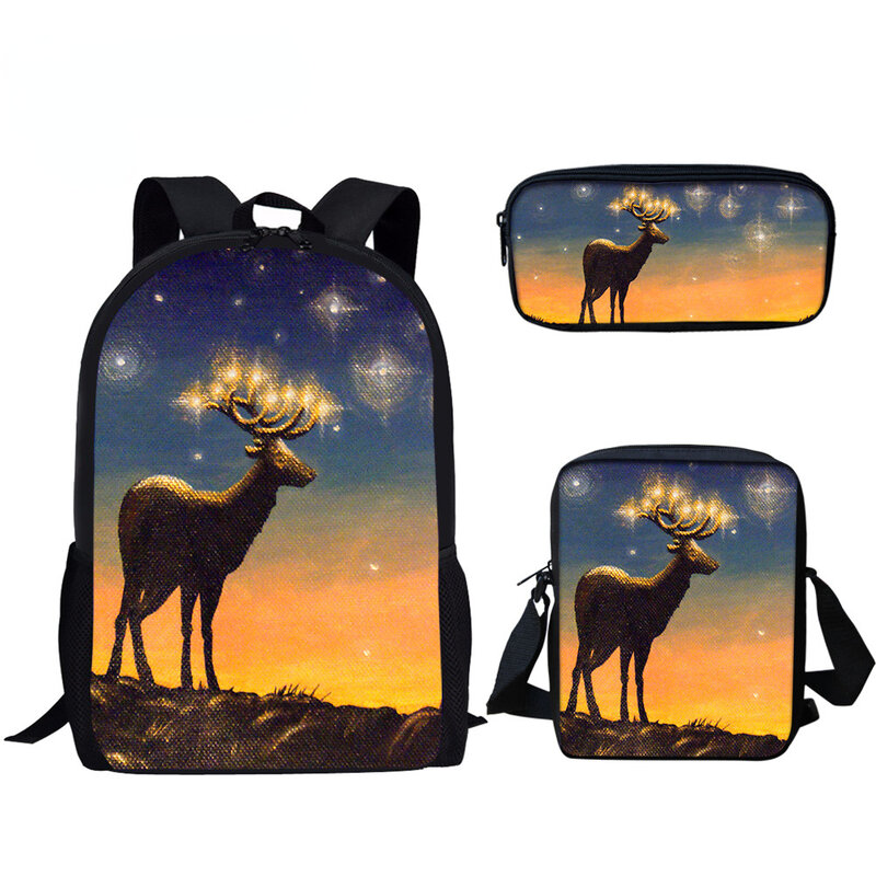 Popularna modna moda zwierzęca jeleń 3D Print 3 sztuk/zestaw szkolne torby plecak mała torba na laptopa pochylona torba na ramię piórnik