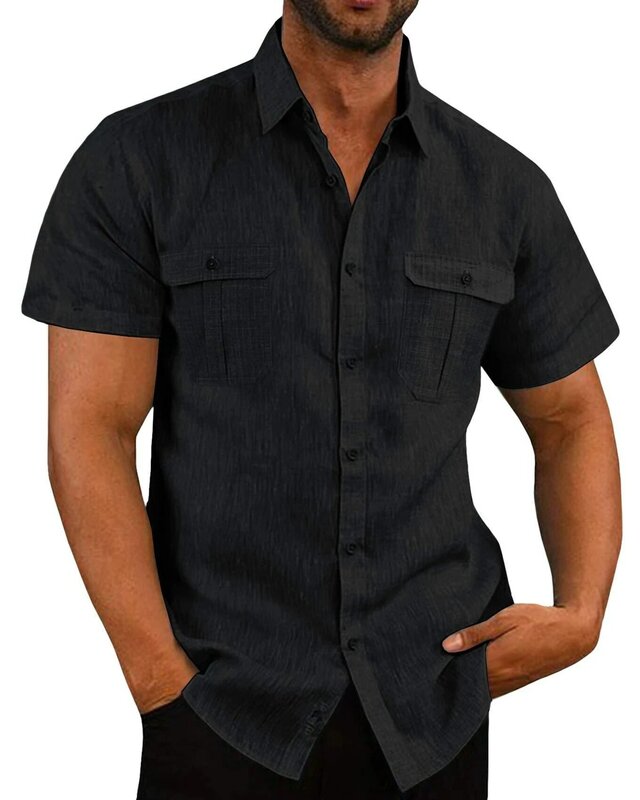 Bawełniana lniana gorąca wyprzedaż męska krótka koszule z rękawami letnia jednolita kolorowa stójka w stylu plażowym oraz koszule SizeMale