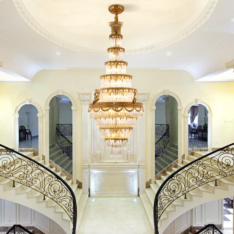 French Crystal Stair Long Pendant Lihgt Villa Hall Brass Lamp European Duplex Loft Hotel Lobby Copper Chandelier