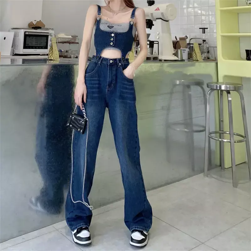 Pantalones vaqueros holgados de una pieza para mujer, vaqueros de cintura alta con tirantes, abertura ajustable, moda coreana, verano, 2022