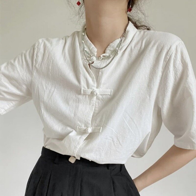 QWEEK kemeja lengan pendek Linen putih wanita blus kancing gaya Tiongkok musim panas Vintage elegan kasual Chic 2024 estetika