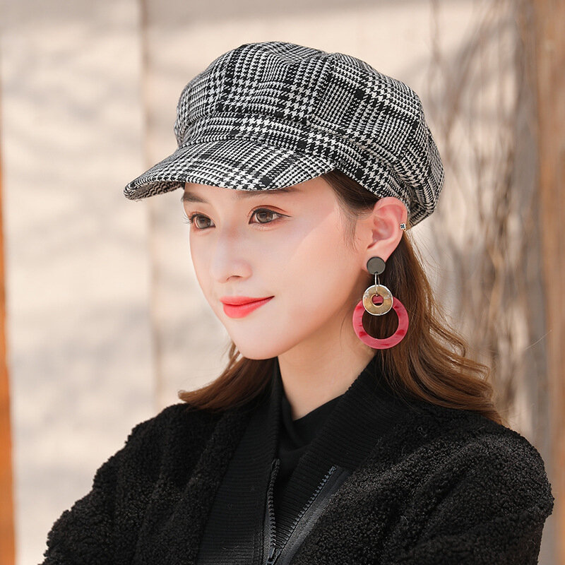 Chapéus de inverno de outono para mulheres verificar listra sólida octogonal bonés senhoras casual chapéu de lã boina de inverno feminino boné hr122307