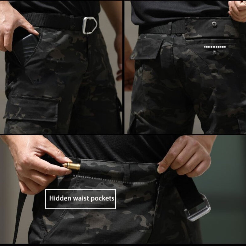 Summer Camouflage Shorts Mens Outdoor Sports Loose Multi Pocket Cargo Pants Breathable Elasticity Waterproof Tactical Overalls