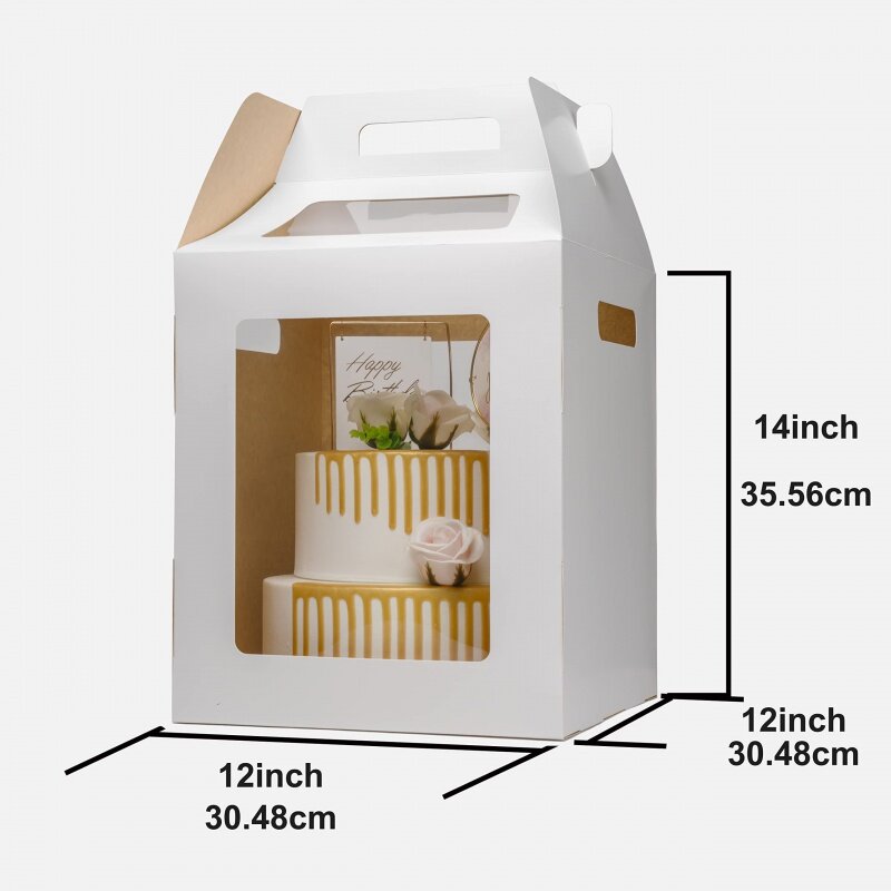 Cajas de pastel altas blancas personalizadas para fabricantes de productos personalizados con ventana, embalaje de pastel reciclable de grado alimenticio para cuñas de fiesta