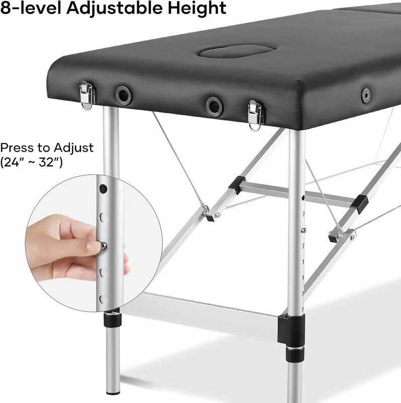Careboda meja pijat portabel 3 lipat 23.6 "lebar, tinggi aluminium dapat diatur tempat tidur pijat dengan sandaran kepala, sandaran tangan dan tas jinjing,