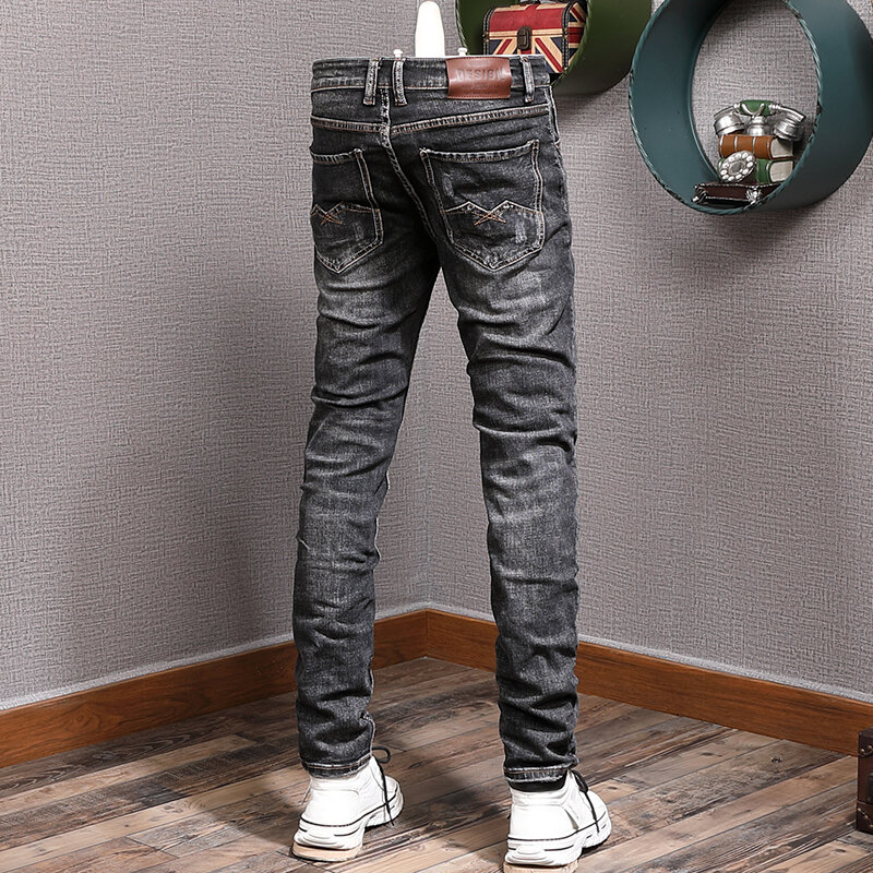Streetwear Mode Mannen Jeans Retro Zwart Grijs Elastische Slim Fit Ripped Jeans Mannen Broek Vintage Designer Casual Denim Broek