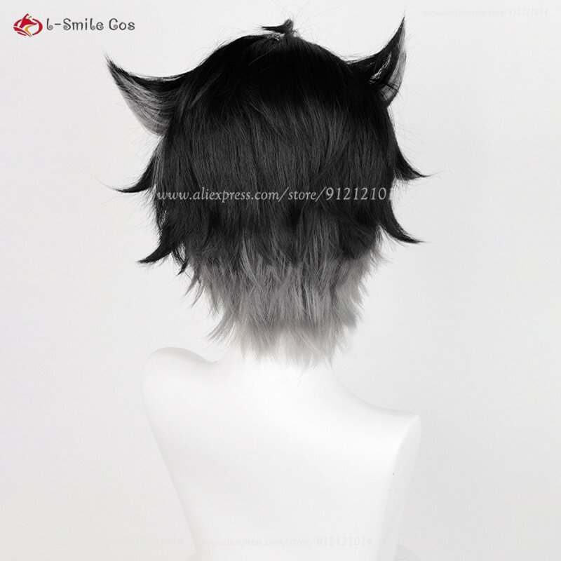 Fontaine-Peluca de Cosplay de 30cm, cabellera sintética resistente al calor, color negro degradado y gris, con gorro para fiesta