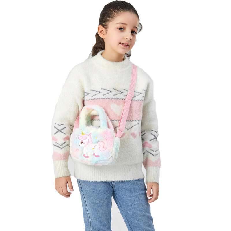 Bolso de hombro con bordado de unicornio para niñas pequeñas, bandolera de felpa, arcoíris, mullido, bonito dibujo animado
