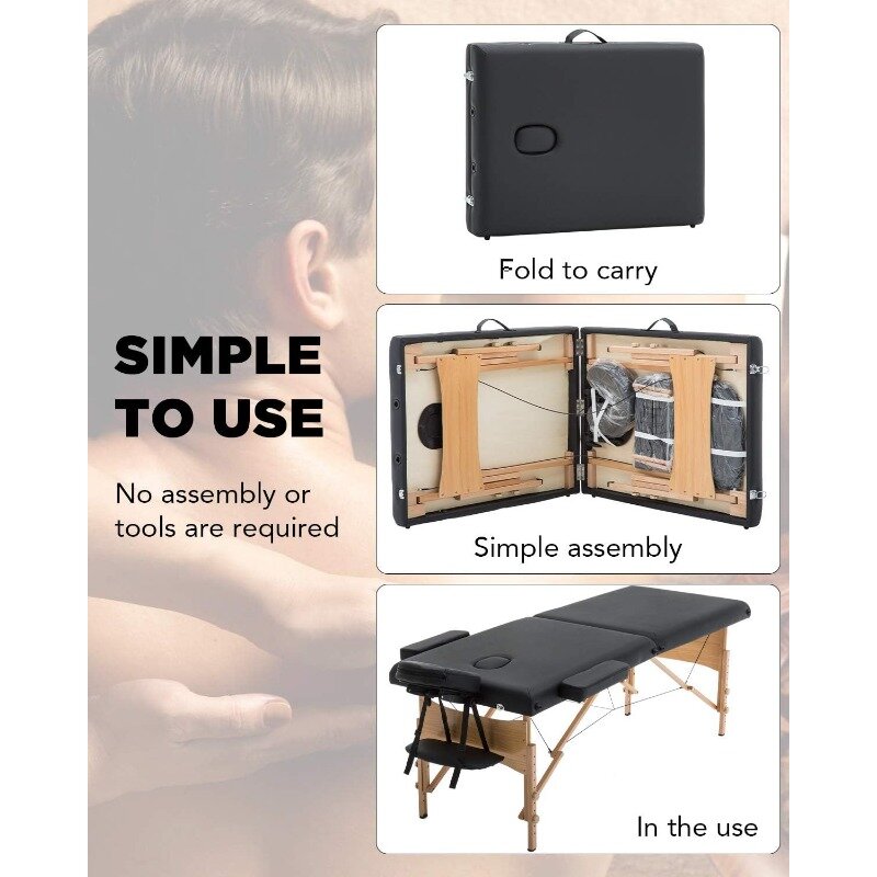 Height Adjustable 73 Inches Long 28 Inches Wide 2 Folding Bed Portable Massage Table with Carrying, Black