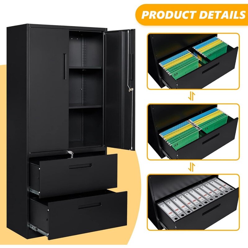 2 Drawer Lateral File Cabinet,Metal Storage Cabinet with Drawers, Locking File Cabinet with Storage Shelves,Metal Storag Shelves
