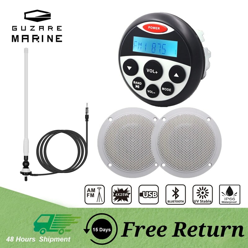 GUZARE MARINE Stereo Radio USB Bluetooth + 2Pcs 4inches Waterproof Boat Speakers Audio + FM AM Antenna White for UTV ATV Boats