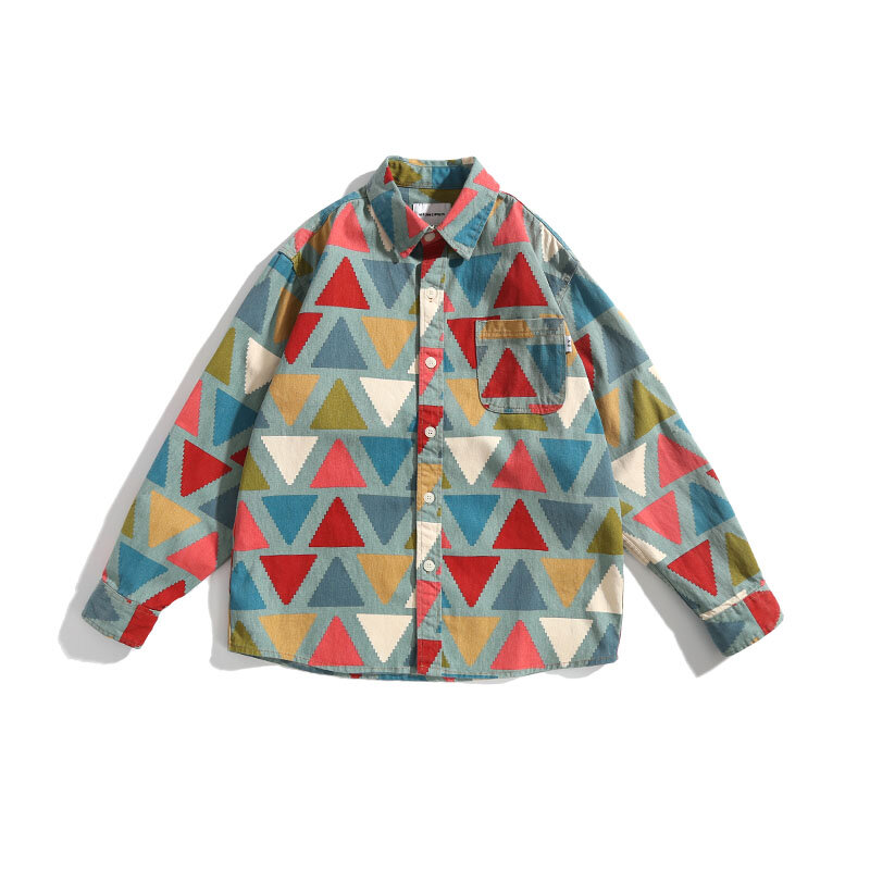 Camisa estampada padrão geométrico de alta textura masculina, jaqueta de algodão simples japonesa, camisa manga comprida