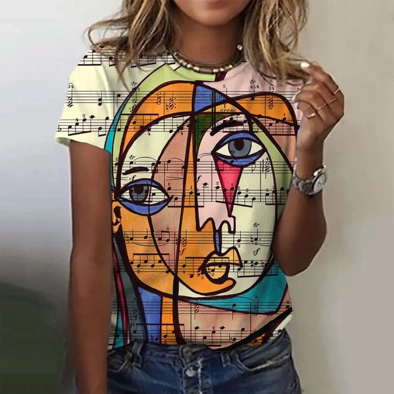 Picasso abstrakte 3D-Malerei Vintage elegante Frauen T-Shirts Kurzarm Modetrend T-Shirts lässigen Stil Dame Kleidung