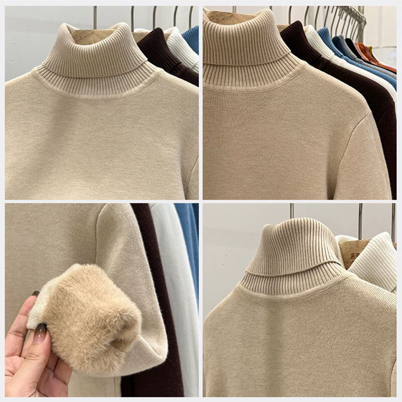 Gruby aksamitny sweter z golfem damski koreański modny z podszewką ciepły dziergany sweter torba Slim Top zimowy sweter z dzianiny