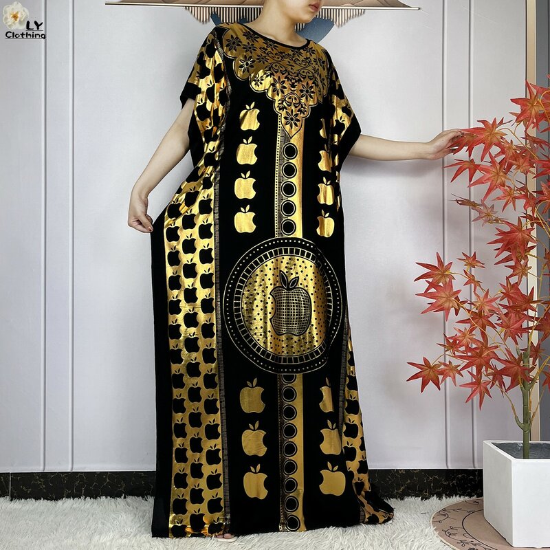 Abito da donna allentato in cotone a maniche corte nuova estate con grande sciarpa stampa oro Boubou Maxi Islam abbigliamento donna Abaya africano