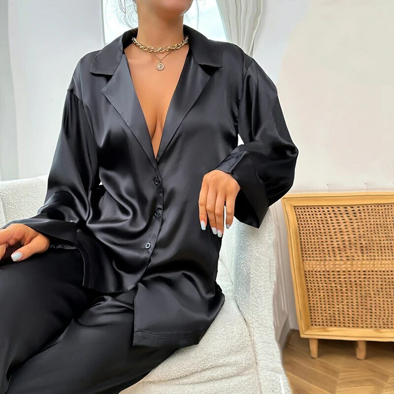 Pijama de satén de seda para mujer, conjunto de 2 piezas de manga larga con cuello en V profundo, camisas y pantalones abotonados, trajes de gran tamaño a la moda