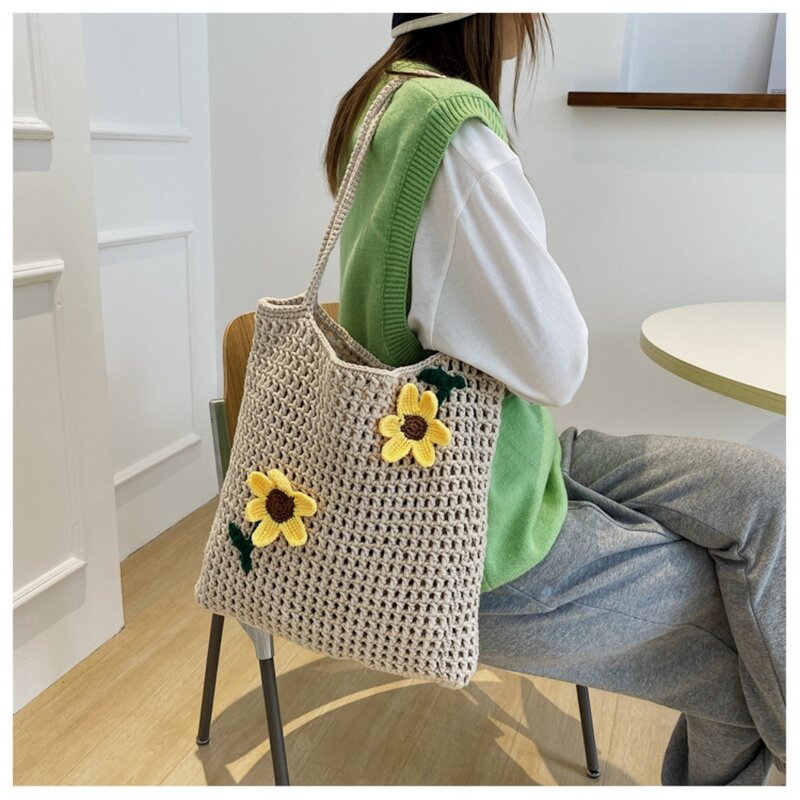 Solid Color Cute Woven Shoulder Bag Fashion Woven Handheld Shoulder Bag Tote Bag