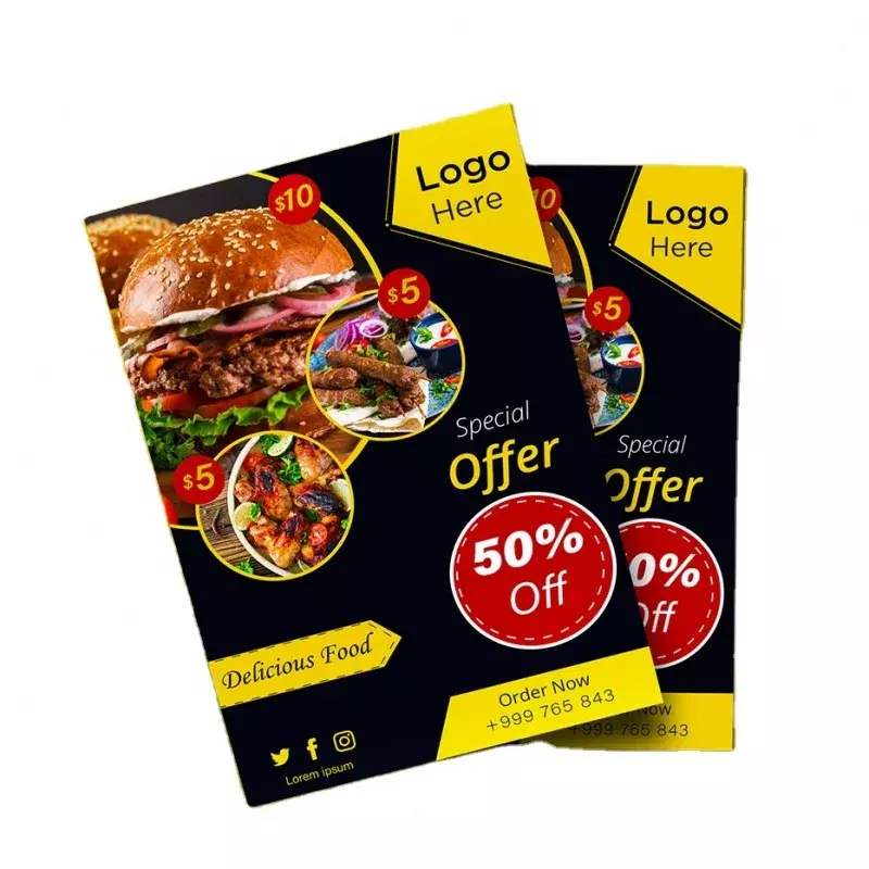 Impresión de volantes offset para publicidad de hamburguesas, producto personalizado, tamaño A4, A5, A6