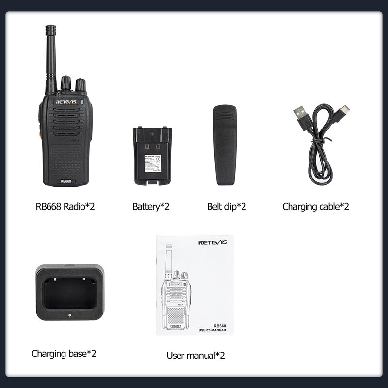 Retevis RB668 Walkie Talkie 2 Pcs Included Portable Walkie-talkies Type-C Charging VOX Two Way Radios for Retail Shop (Radios bidirectionnelles pour magasins)