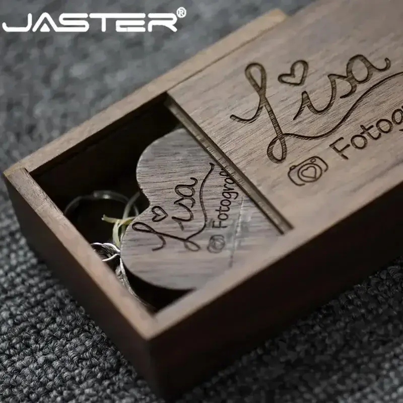 JASTER-lápiz de memoria USB 2,0 + caja, Corazón De Madera de nogal, logotipo personalizado gratis, con llavero, regalo de boda, disco U, 8G