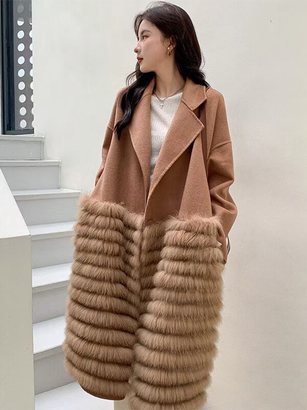 Женское длинное свободное шерстяное пальто, роскошная зимняя теплая шерстяная верхняя одежда из натурального Лисьего меха, Осень-зима 2023