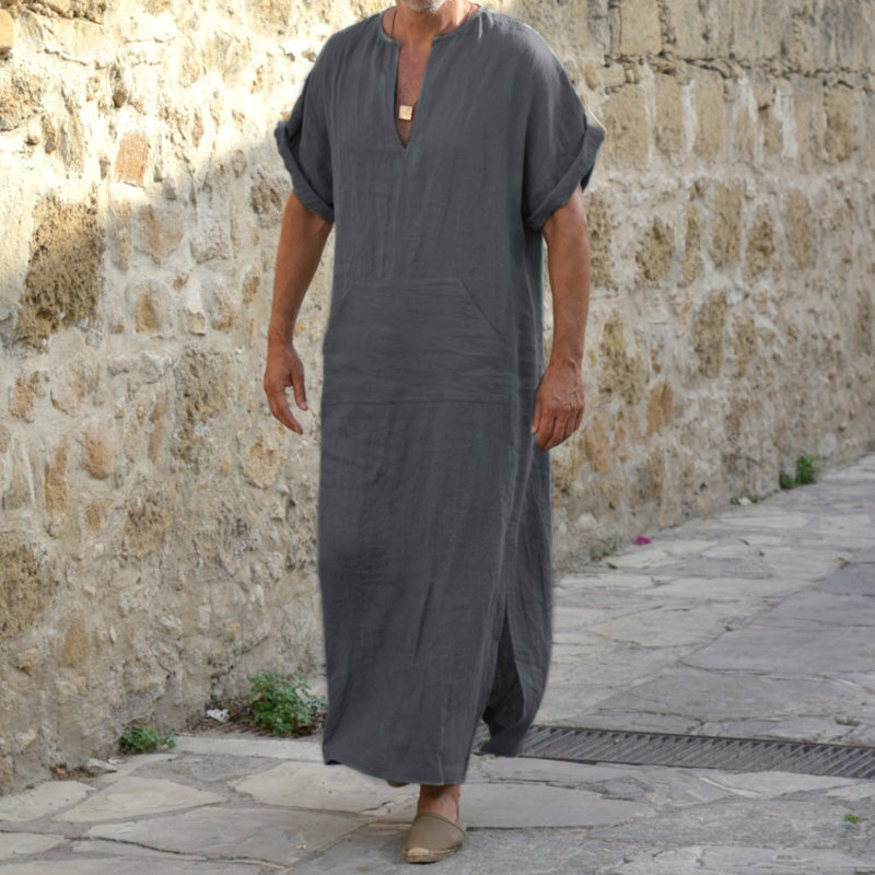 2024 arabische Männer Kurzarm Kaftan Thobe Seite Split Kaftan mit Taschen langes Kleid muslimische Thobe islamische Kleidung