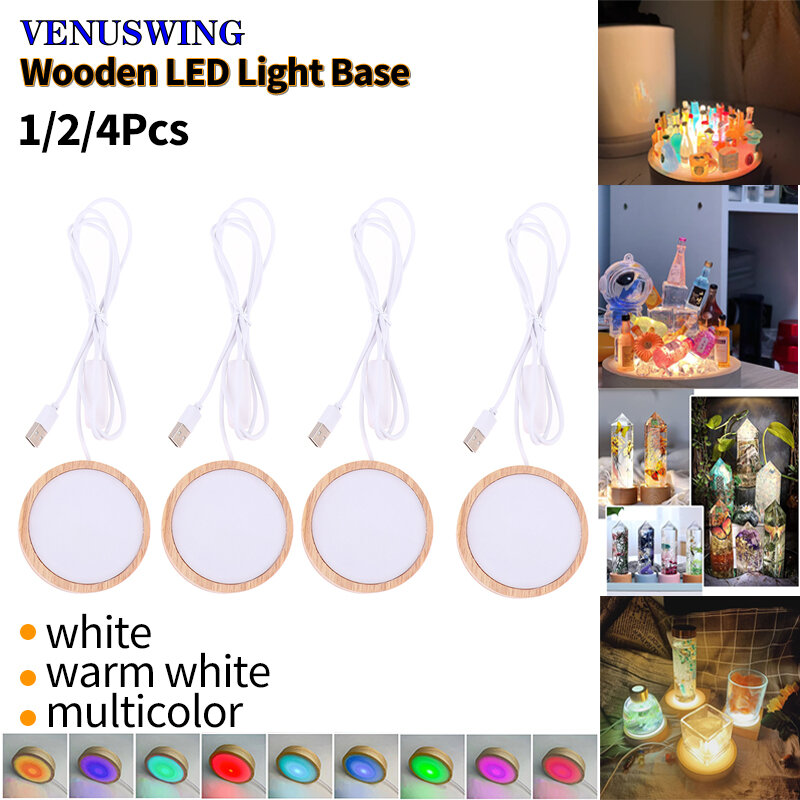 Base de luz LED redonda de madera para decoración, soporte de exhibición giratorio para cristales, bola de cristal, adorno artístico, 1/2/4 piezas