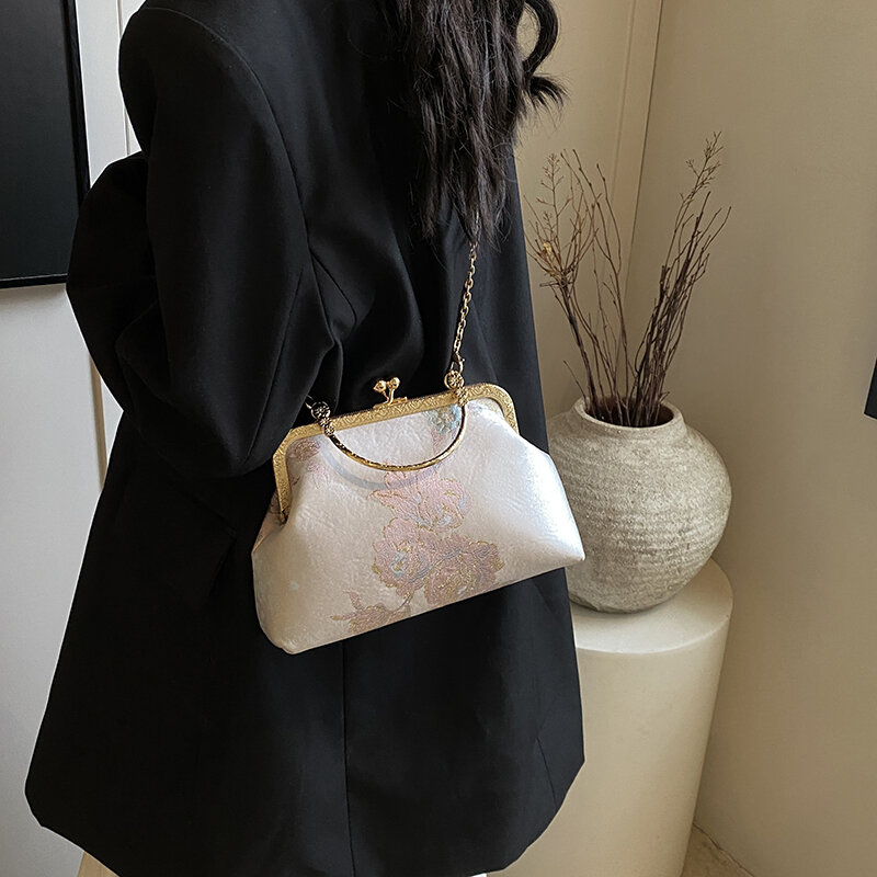 Chinese Style Small Silk Shoulder Bags for Women 2024 Luxury Designer Fashion Handbags and Purses Quality Chain Crossbody Bag