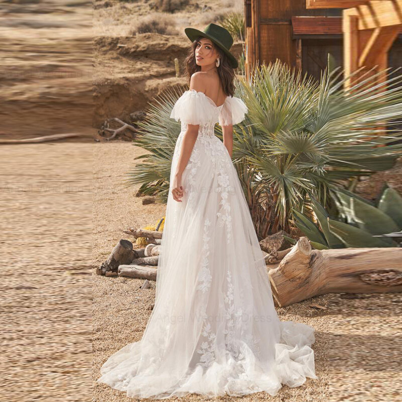 فستان زفاف تول من آنجل-لوهم ، بطول الأرض ، مكشوف الكتف ، فستان زفاف على شكل حرف A ، فستان مخصص