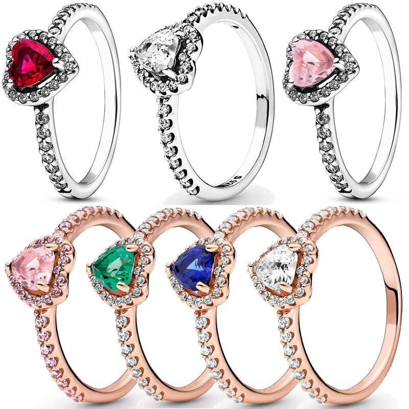 925 Sterling Cincin Perak Ditinggikan Hati Merah dengan Cincin Kristal Warna-warni untuk Wanita Hadiah Ulang Tahun Valentine Perhiasan DIY
