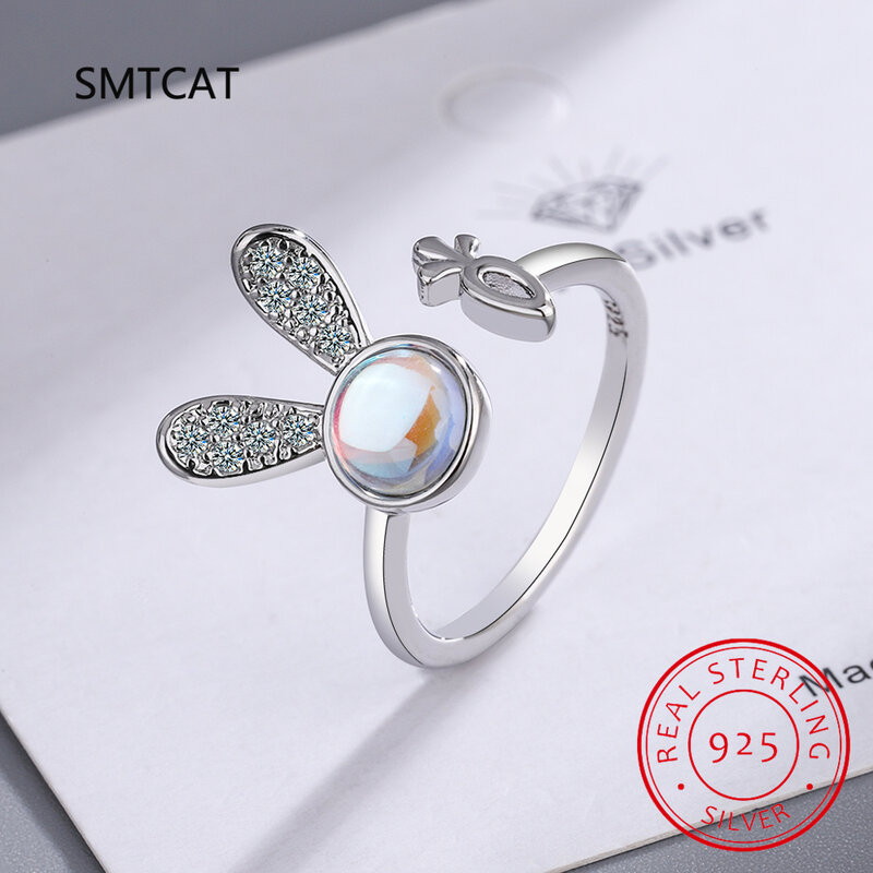 925 Sterling Silver Fashion Cute Rabbit Carrot Dazzling CZ Moonstone Opening Ring For Women Birthday Gift Statement Jewelry