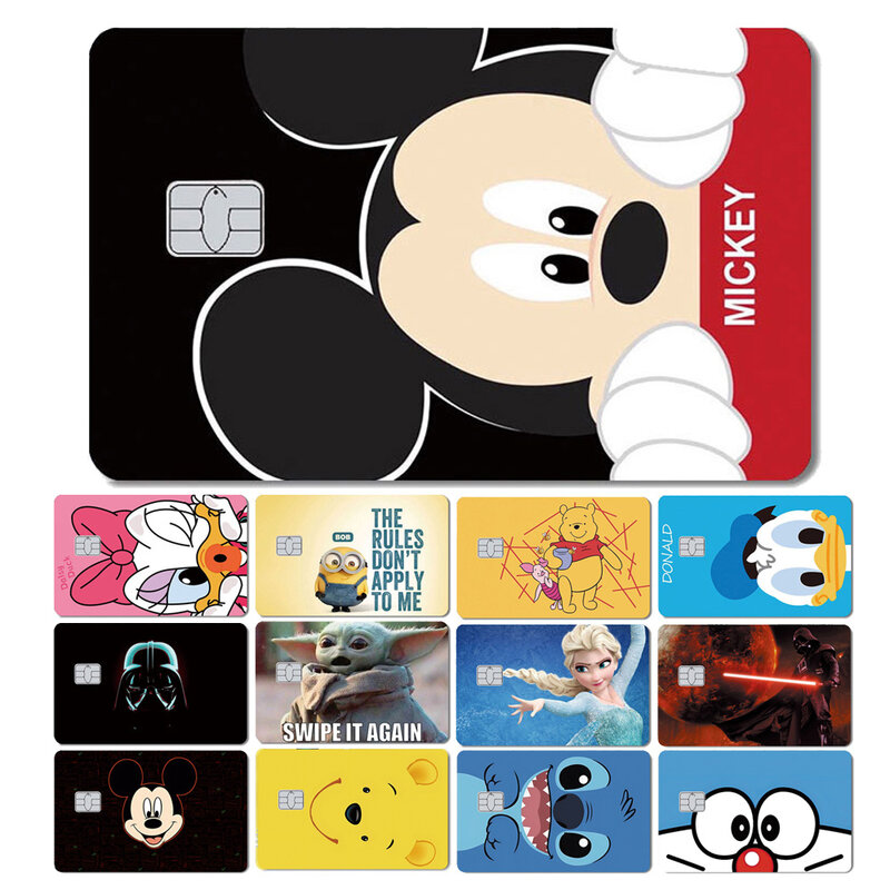 Pegatina de dibujos animados de Mickey Mouse, oso Donald Stitch Pooh, película de piel para tarjeta de crédito, tarjeta de autobús bancaria de débito