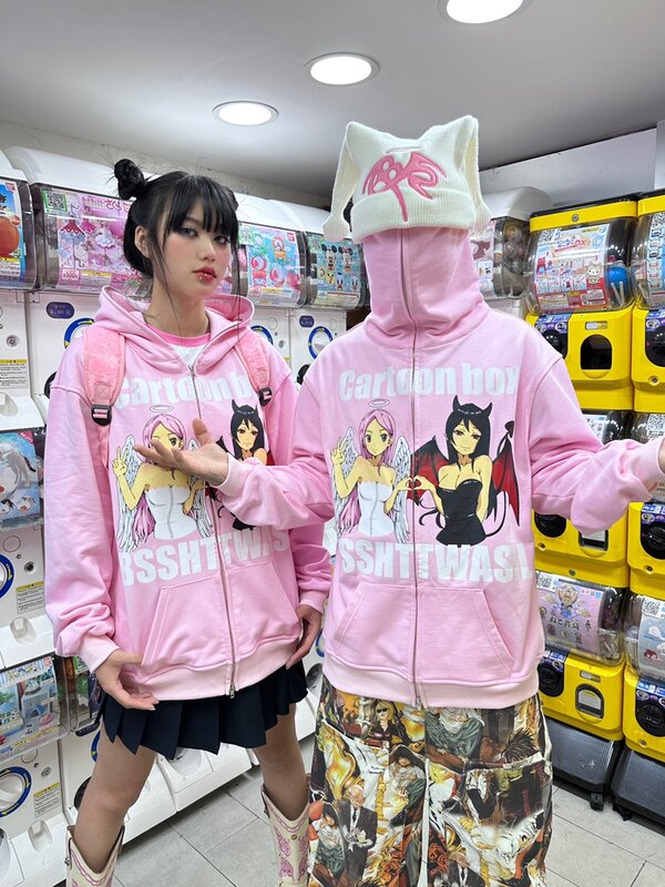 ปีศาจพิมพ์ซิปเสื้อฮู้ดอนิเมะฮาราจูกุเสื้อคลุมกันหนาวใหม่ Y2k ท็อปส์ญี่ปุ่น streetwear คู่เสื้อผ้า Y2K