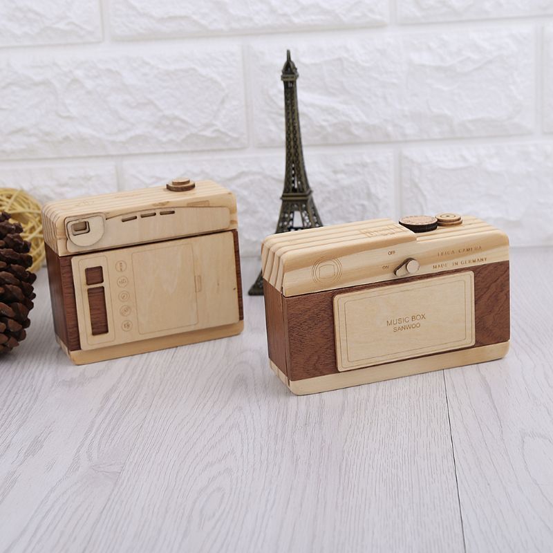 Caja de música de madera, diseño de cámara Retro, decoración clásica para el hogar, cumpleaños, envío directo