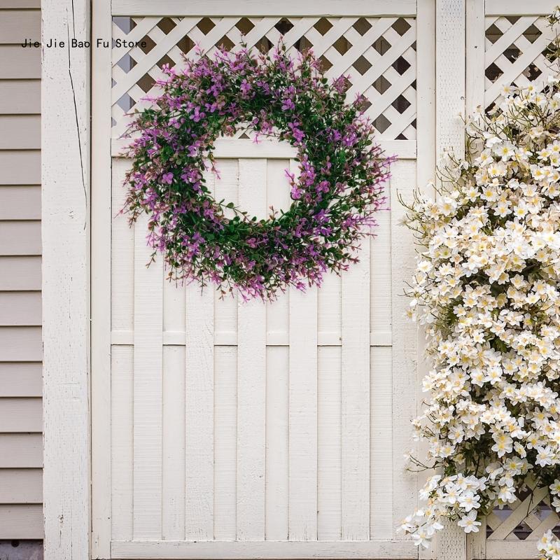 E8BD Artificial Spring Wreath PurpleFlower Wreath Eucalyptuses Flower Wreath for Front Door Wall Wedding Party Home